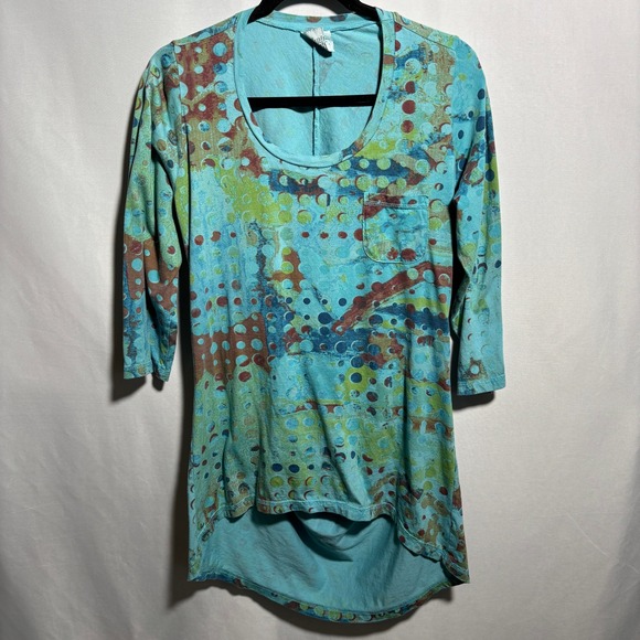 VTG Aqua Blue Abstract Print Tunic Top Artsy Boho Retro Cotton 90s M Groovy CMC - Picture 1 of 8